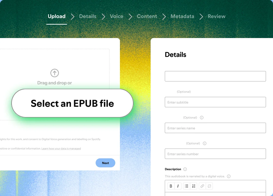 Screenshot of the EPUB upload interface