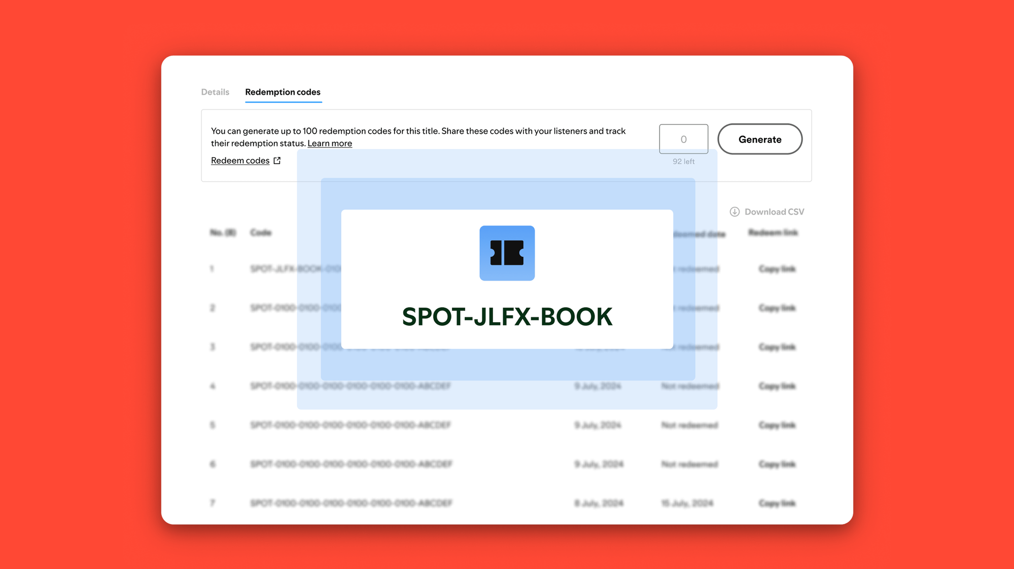 Generating redemption codes for a title in Spotify for Authors