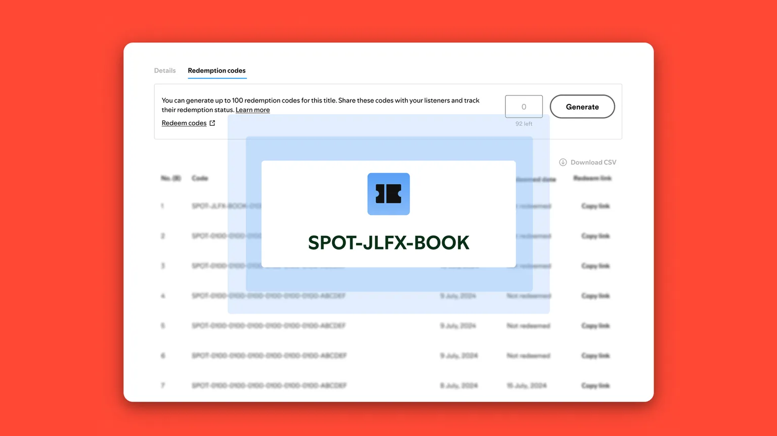 Generating redemption codes for a title in Spotify for Authors